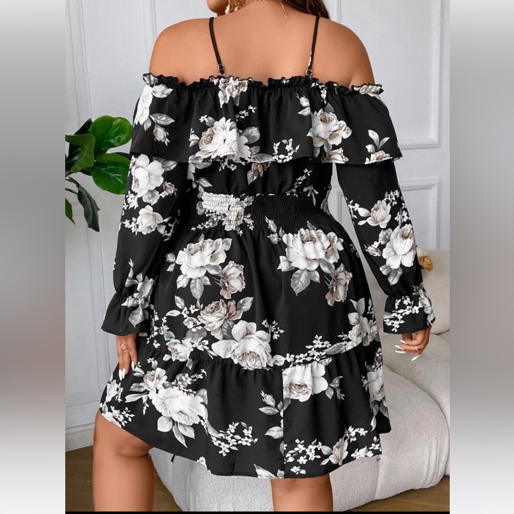 Shein Floral Print Cold Shoulder Flounce Sleeve Knot Front Dress - Picture 3 of 5